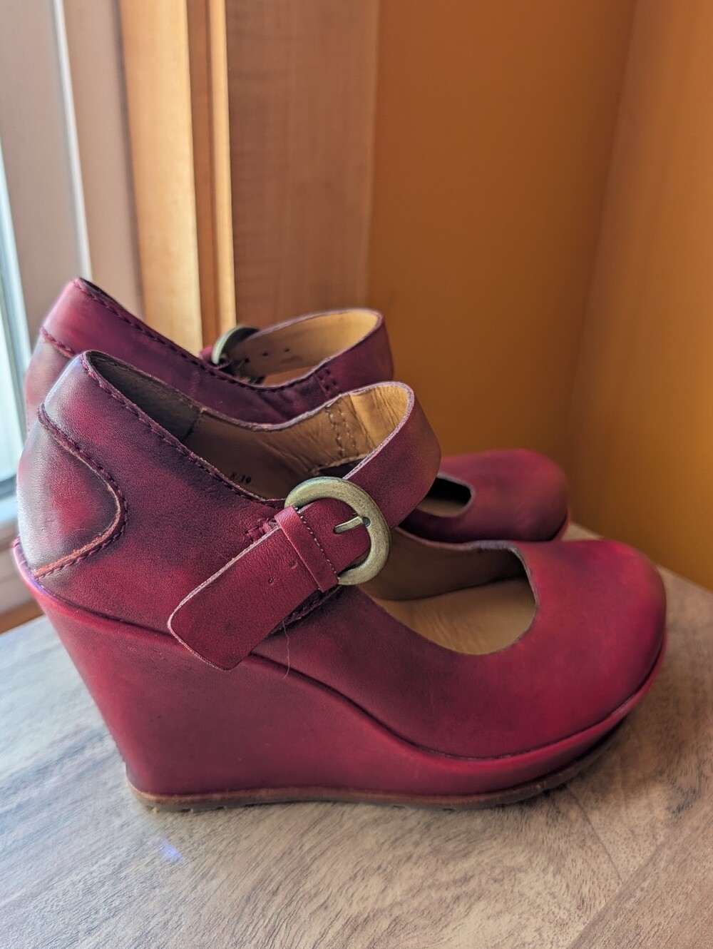 Kork-Ease Yuli Red Leather Platform Wedge Mary Jane Heels Size 8